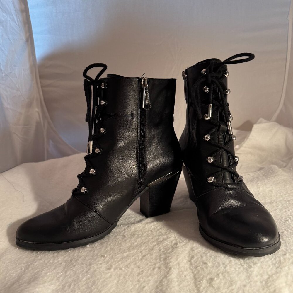 Aimee Kestenberg Black Leather Lace-up Ankle Boots - 8.0 - Zipper Closure - Picture 3 of 10